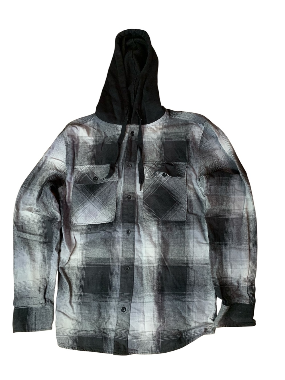 No Boundaries Plaid Hooded Flannel Shirt Gray Black Mens Small